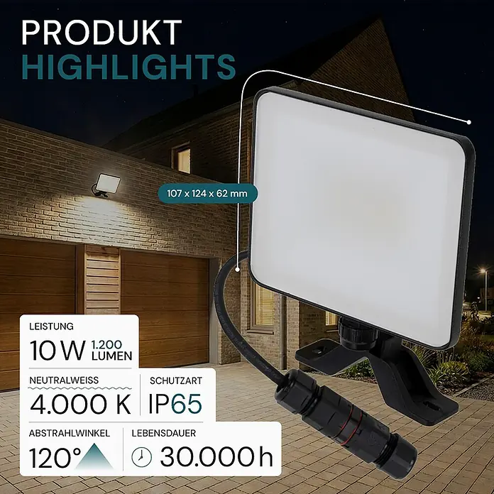 Luxula LED-Strahler - 10 W, 1.200 lm, L x B x H: 124 x 62 x 107 mm, IP65