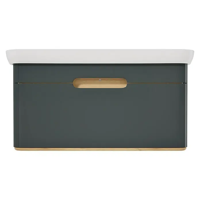 VitrA Sento Badmöbel-Set Sento - 98 cm, Anthrazit, Griffmulde - Dunkelgraue Schubladeneinheit mit weißer Platte, Holzsockel und goldenem Griff.