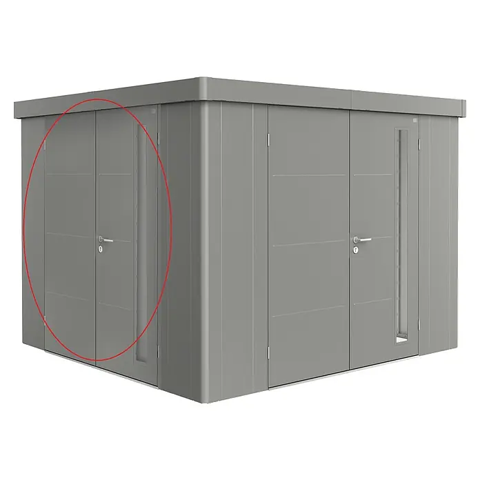 Biohort Neo Zusatztür - Quarzgrau Metallic, Passend für: Biohort Neo Gerätehäuser, Doppelflügeltür - Graues modulares Lagerhaus/Schrank mit mehreren Türen und horizontalen Akzenten.