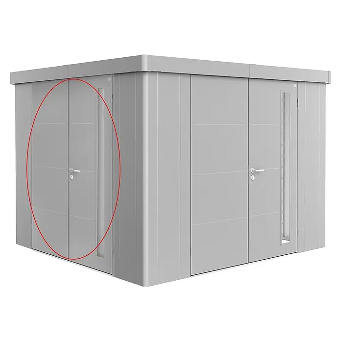 Biohort Neo Zusatztür - Silber Metallic, Passend für: Biohort Neo Gerätehäuser, Doppelflügeltür - Graue modulare Lagereinheit mit zweiflügeligen Türen, schmalen Fensterpaneelen und Griffen.