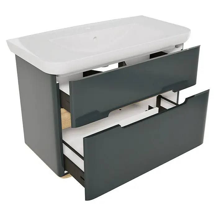 VitrA Sento Badmöbel-Set Sento - 98 cm, Anthrazit, 2 Schubladen - Dunkelgrauer Badunterschrank mit weißem Keramikwaschbecken. Zwei Schubladen sind offen und zeigen Stauraum, eine mit Holzoptikboden.