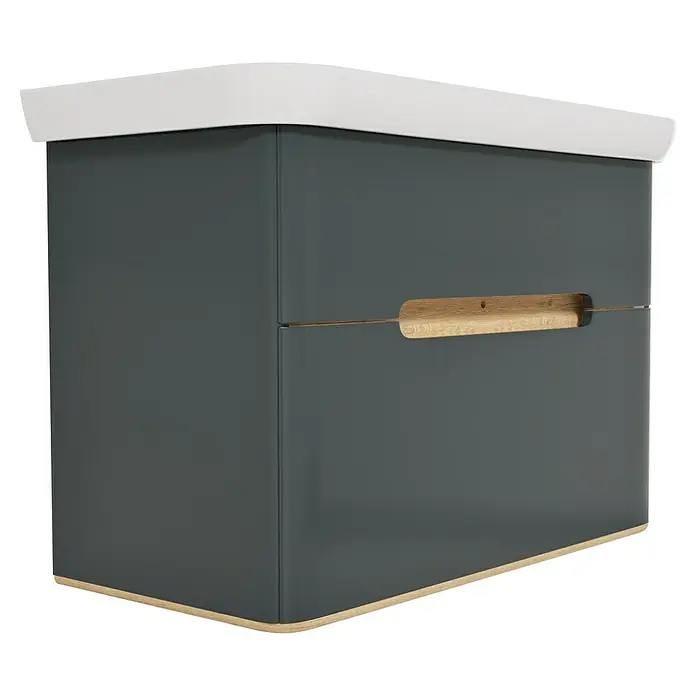 VitrA Sento Badmöbel-Set Sento - 98 cm, Anthrazit, 2 Schubladen - Dunkelgrauer wandmontierter Badschrank mit weißer Platte und Holzgriff sowie Holzleiste unten.