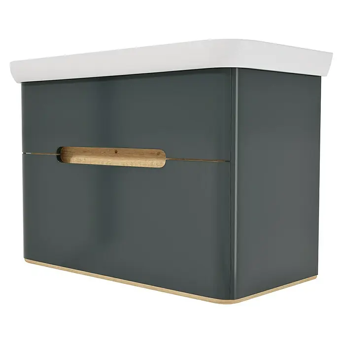 VitrA Sento Badmöbel-Set Sento - 98 cm, Anthrazit, 2 Schubladen - Dunkelgrauer Waschtischunterschrank mit weißer Platte, integriertem Holzgriff und Holzboden.