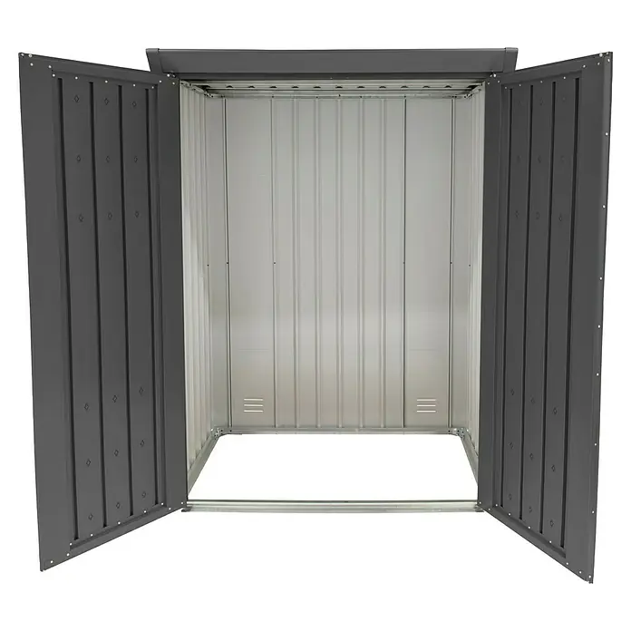 Plats Geräteschrank Paul L - Außenmaß inkl. Dachüberstand (B x T): 133 x 94 cm, Stahl, Grau - Offener dunkelgrauer Metallschuppen mit hellgrauem Innenraum.