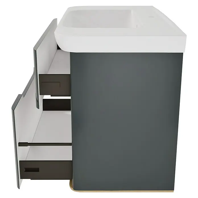 VitrA Sento Badmöbel-Set Sento - 98 cm, Anthrazit, 2 Schubladen - Grauer Badschrank mit weißem Waschbecken und offenen dunkelbraunen Schubladen, mit hellem Holzsockel.