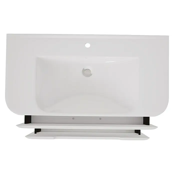 VitrA Sento Badmöbel-Set Sento - 98 cm, Weiß, 2 Schubladen - Weißes Badezimmerwaschbecken mit integrierter Arbeitsplatte und zwei weißen Regalböden mit schwarzen Halterungen.