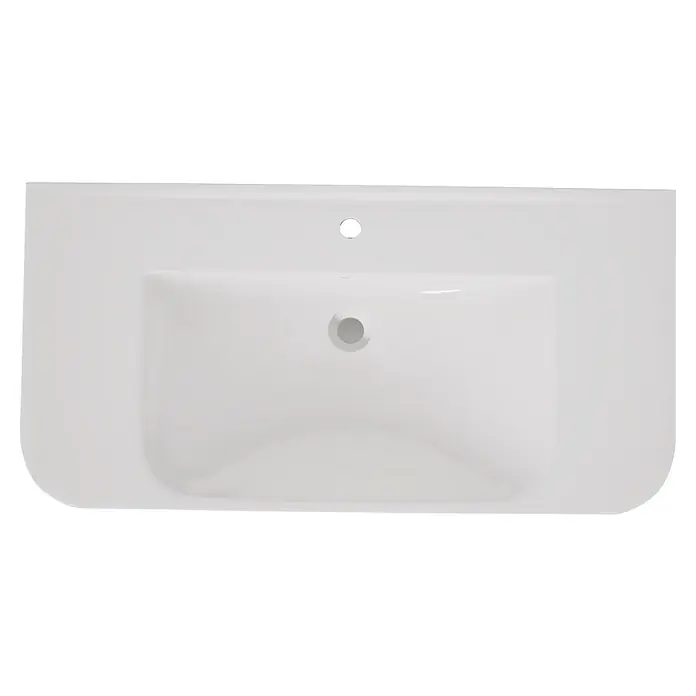 VitrA Sento Badmöbel-Set Sento - 98 cm, Anthrazit, 2 Schubladen - Weißes Keramikwaschbecken mit einem Hahnloch und Abfluss, von oben gesehen.