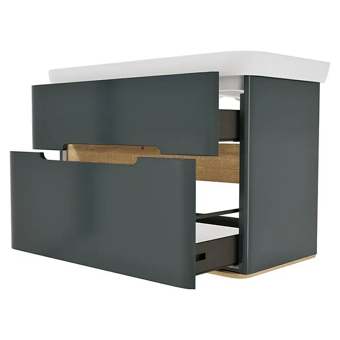 VitrA Sento Badmöbel-Set Sento - 98 cm, Anthrazit, 2 Schubladen - Dunkelgrauer Schrank mit zwei teils geöffneten Schubladen, Holzdetails und weißer Platte.