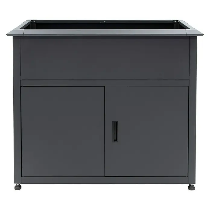 Plats Hochbeet mit Unterschrank - 106 x 56 x 85 cm, Metall, Anthrazit - Dunkelgrauer Metall-Outdoor-Schrank mit zwei Türen und offenem Oberrahmen, auf verstellbaren Füßen.