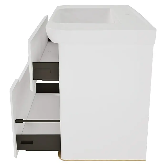 VitrA Sento Badmöbel-Set Sento - 98 cm, Weiß, 2 Schubladen - Weißer Badezimmerschrank mit integriertem Waschbecken und dunkelgrauen, teils geöffneten Schubladen, unten mit hellem Holzrand.