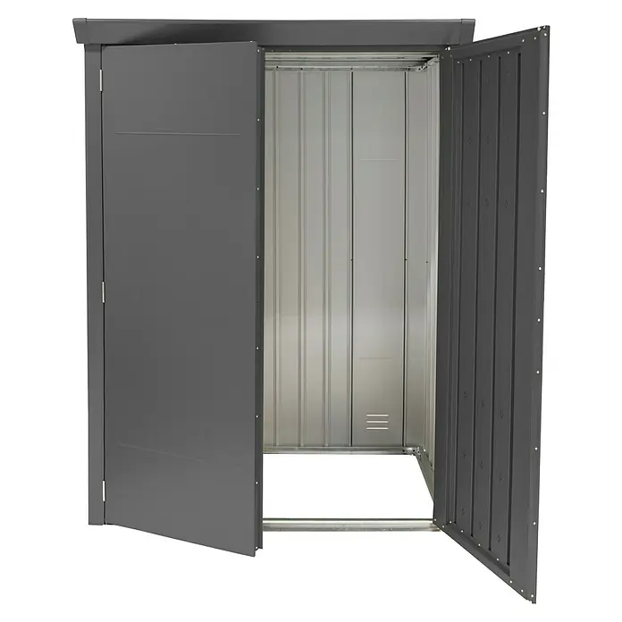 Plats Geräteschrank Paul L - Außenmaß inkl. Dachüberstand (B x T): 133 x 94 cm, Stahl, Grau - Dunkelgrauer Metall-Geräteschuppen mit zwei offenen Türen, der ein hellgraues Wellblech-Inneres zeigt.