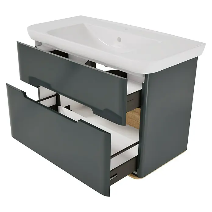 VitrA Sento Badmöbel-Set Sento - 98 cm, Anthrazit, 2 Schubladen - Dunkelgrauer Badezimmerunterschrank mit integriertem weißen Keramikwaschbecken und zwei teils geöffneten Schubladen.