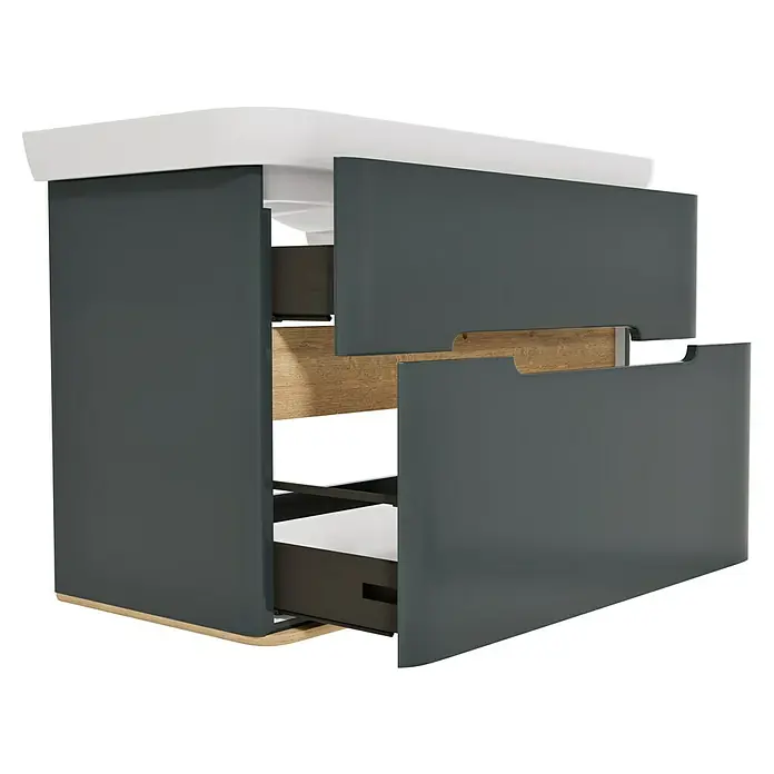 VitrA Sento Badmöbel-Set Sento - 98 cm, Anthrazit, 2 Schubladen - Dunkelgrauer Waschtischunterschrank mit weißer Platte und geöffneten Schubladen mit Holz- und Weiß-Innenausstattung.
