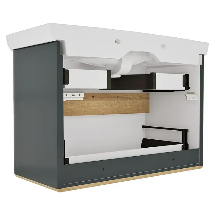 VitrA Sento Badmöbel-Set Sento - 98 cm, Anthrazit, 2 Schubladen - Grauer Waschtischunterschrank mit weißem Waschbecken, Schnittansicht zeigt interne Schubladen und Holzablage.