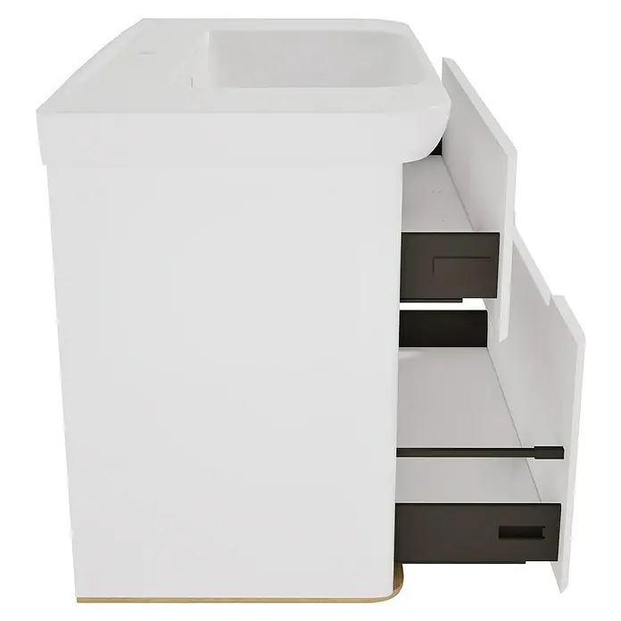VitrA Sento Badmöbel-Set Sento - 98 cm, Weiß, 2 Schubladen - Weißer Badunterschrank mit integriertem Waschbecken und offenen dunkelbraunen Schubladen, mit Holzsockel.