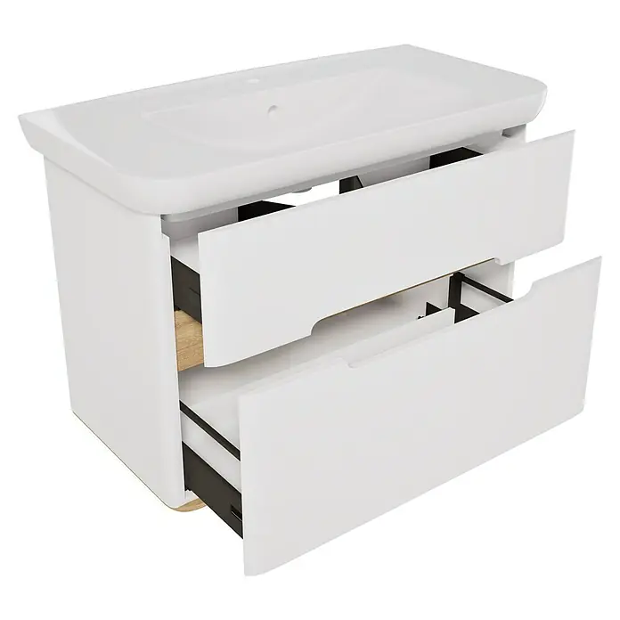 VitrA Sento Badmöbel-Set Sento - 98 cm, Weiß, 2 Schubladen - Weißer Badunterschrank mit integriertem Waschbecken und zwei teilweise geöffneten Schubladen, die Holz- und dunkle Innenteile zeigen.