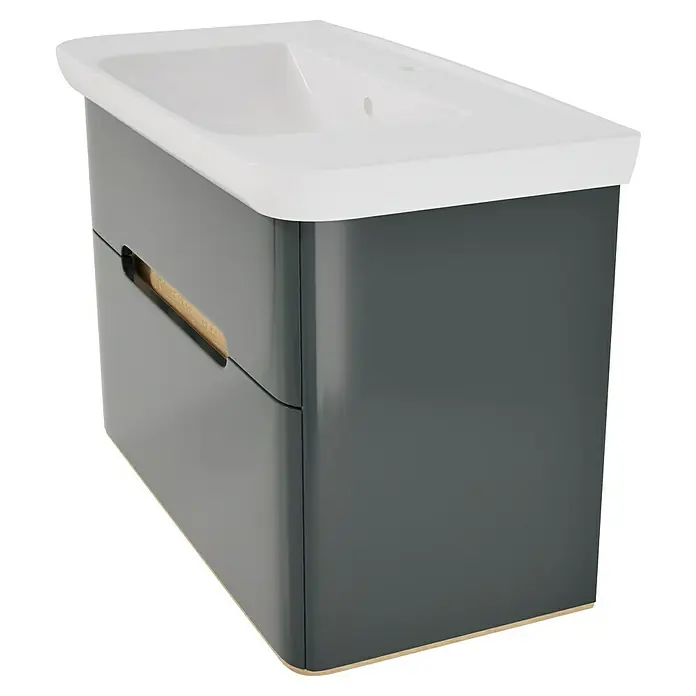 VitrA Sento Badmöbel-Set Sento - 98 cm, Anthrazit, 2 Schubladen - Dunkelgrauer Waschtischunterschrank mit weißem Waschbecken, Holzgriff und Holzbodenkante.