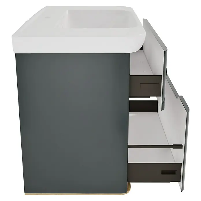 VitrA Sento Badmöbel-Set Sento - 98 cm, Anthrazit, 2 Schubladen - Dunkelgrauer Waschtischunterschrank mit weißem Waschbecken und offenen Schubladen, mit hellem Holzsockel.