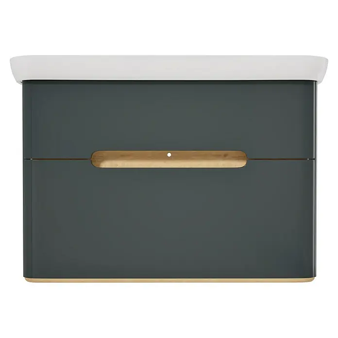 VitrA Sento Badmöbel-Set Sento - 98 cm, Anthrazit, 2 Schubladen - Dunkelgraues Sideboard mit weißer Oberplatte, Holzsockel und horizontalem Holzgriff.