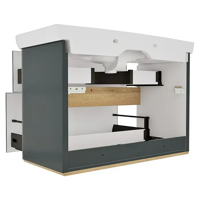 VitrA Sento Badmöbel-Set Sento - 98 cm, Anthrazit, 2 Schubladen - Offener Badezimmer-Waschtischunterschrank mit weißer Keramikspüle, dunkelgrauem Korpus und internen Schubladen mit Holzfront.