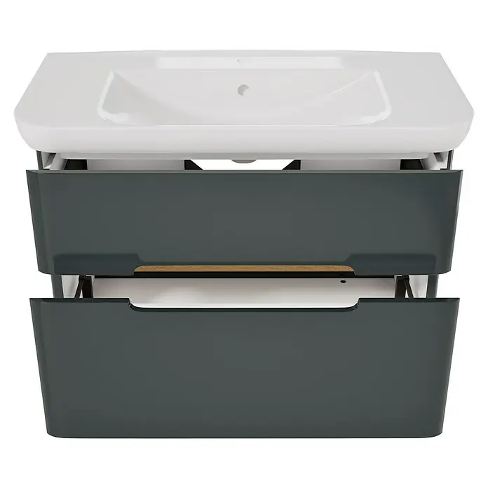 VitrA Sento Badmöbel-Set Sento - 98 cm, Anthrazit, 2 Schubladen - Dunkelgrauer Badezimmerschrank mit weißem Waschbecken, eine Schublade teils geöffnet mit Holzabtrennung.
