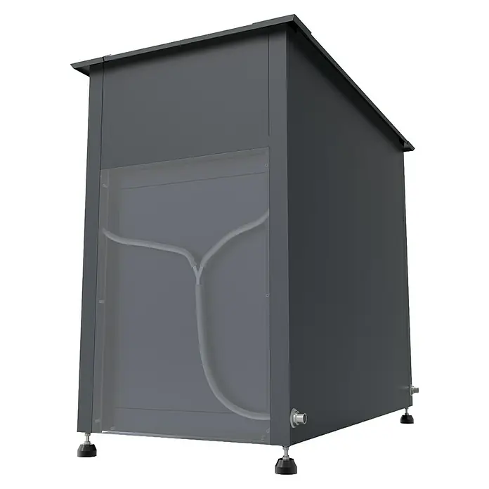 Plats Hochbeet mit Unterschrank - 106 x 56 x 85 cm, Metall, Anthrazit - Dunkelgraue rechteckige Einheit mit Schrägdach, transparenter Frontplatte mit weißer Innenverrohrung und verstellbaren schwarzen Füßen.