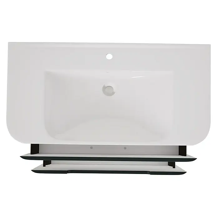 VitrA Sento Badmöbel-Set Sento - 98 cm, Anthrazit, 2 Schubladen - Weiße integrierte Waschtischplatte mit Waschbecken und zwei dunklen Regalböden darunter.
