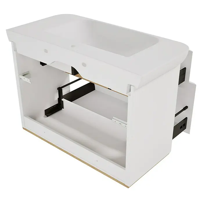 VitrA Sento Badmöbel-Set Sento - 98 cm, Weiß, 2 Schubladen - Weißer Badezimmer-Waschtischunterschrank mit integriertem Waschbecken, zeigt interne Schubladenschienen und Struktur.