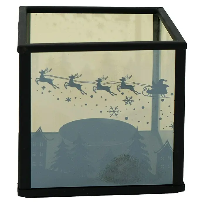 Windlicht Santa - 9 x 9 x 9 cm, Schwarz - Schwarz gerahmte Glaslaterne mit Weihnachtsmotiv: Weihnachtsmann, Rentiere, Schneeflocken und Häuser.