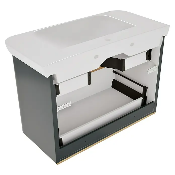 VitrA Sento Badmöbel-Set Sento - 98 cm, Anthrazit, 2 Schubladen - Dunkelgrauer Waschtischunterschrank mit weißem Waschbecken, zeigt Schubladenführungen und Mechanismus.