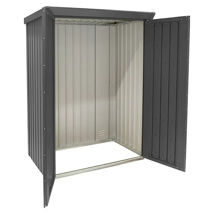 Plats Geräteschrank Paul L - Außenmaß inkl. Dachüberstand (B x T): 133 x 94 cm, Stahl, Grau - Graues Metall-Gartenhaus mit geöffneten Türen, das seine gewellten Innenpaneele zeigt.