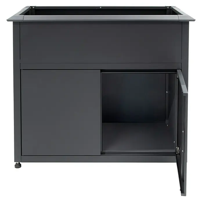 Plats Hochbeet mit Unterschrank - 106 x 56 x 85 cm, Metall, Anthrazit - Anthrazitfarbener Outdoor-Küchenunterschrank mit einer Schiebetür und einer offenen Flügeltür.
