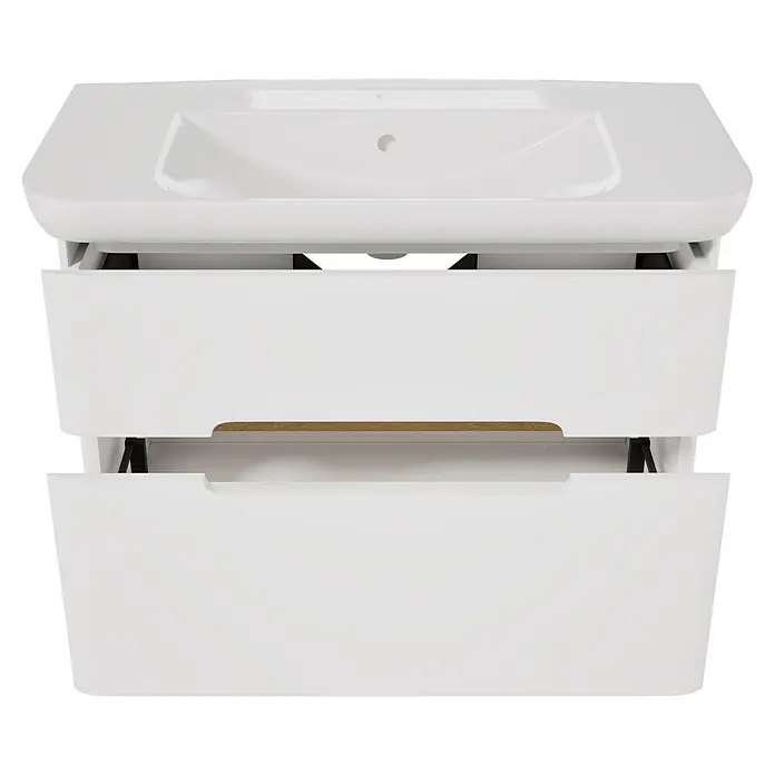 VitrA Sento Badmöbel-Set Sento - 98 cm, Weiß, 2 Schubladen - Weißer Keramik-Waschtisch mit integriertem Waschbecken und zwei offenen Schubladen, mit Holzdetail.