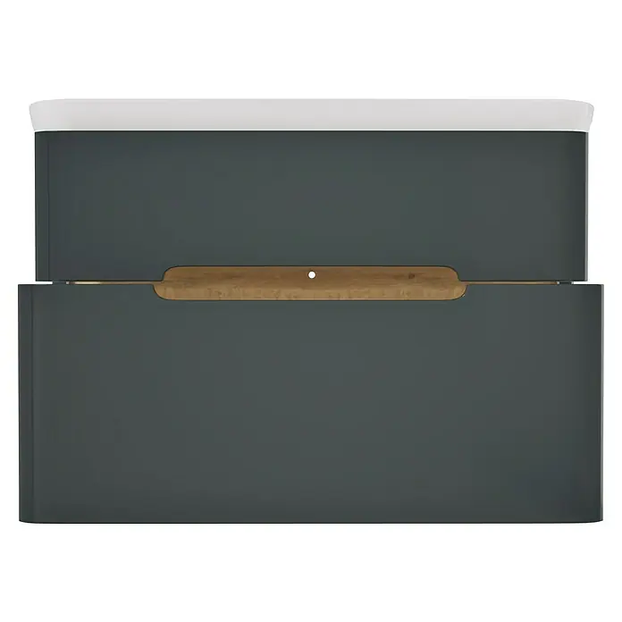 VitrA Sento Badmöbel-Set Sento - 98 cm, Anthrazit, 2 Schubladen - Dunkelgraues zweischubladiges Aufbewahrungsmöbel mit weißer Platte und hellem Holzgriff.
