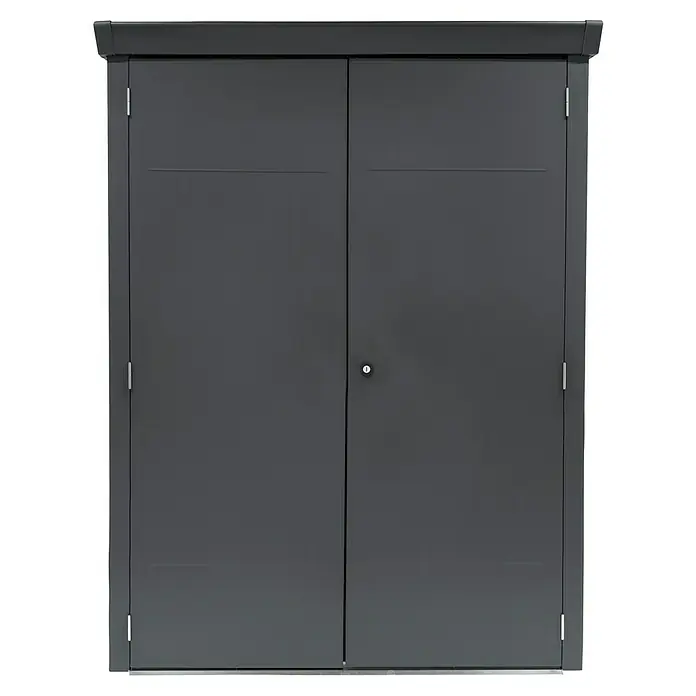 Plats Geräteschrank Paul L - Außenmaß inkl. Dachüberstand (B x T): 133 x 94 cm, Stahl, Grau - Dunkelgrauer Metall-Geräteschrank mit zwei Türen und einem Zentralschloss. Mit sichtbaren Scharnieren an beiden Seiten.