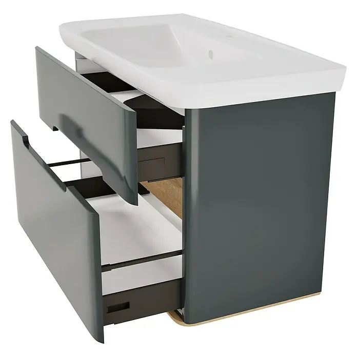VitrA Sento Badmöbel-Set Sento - 98 cm, Anthrazit, 2 Schubladen - Dunkelgrauer Badezimmerschrank mit integriertem weißen Waschbecken und zwei teilweise geöffneten Schubladen mit Holzdetails.