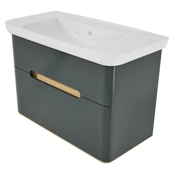 VitrA Sento Badmöbel-Set Sento - 98 cm, Anthrazit, 2 Schubladen - Dunkelgrauer Badunterschrank mit integriertem weißem Waschbecken, heller Holzgriff und Holzsockel.
