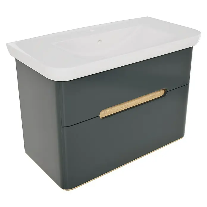 VitrA Sento Badmöbel-Set Sento - 98 cm, Anthrazit, 2 Schubladen - Dunkelgrauer wandmontierter Badschrank mit weißem Waschbecken und Holzgriff.