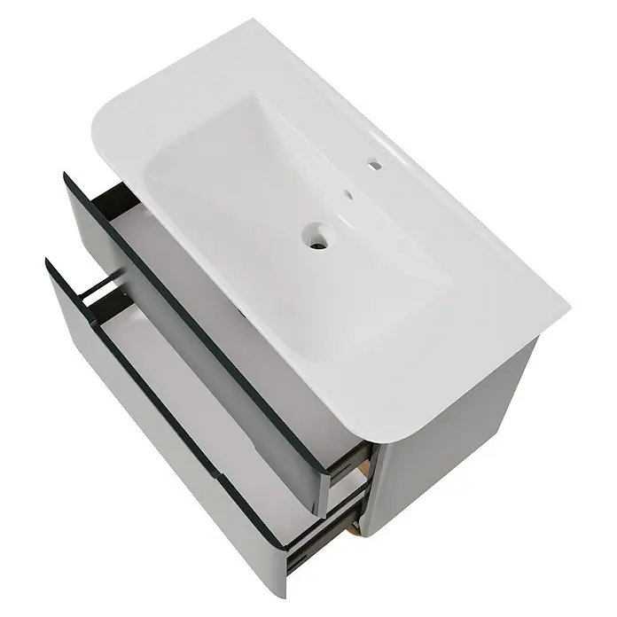 VitrA Sento Badmöbel-Set Sento - 98 cm, Anthrazit, 2 Schubladen - Weißer Badezimmerschrank mit integriertem Waschbecken und zwei teilweise geöffneten hellgrauen Schubladen.