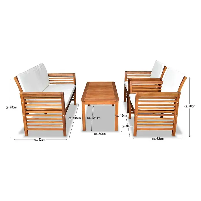 Sunfun Conjunto de muebles México - 4 pzs., Madera de acacia, Marrón/Antracita - Conjunto de asientos de jardín de madera con dos sillones, un sofá de dos plazas y una mesa de centro, con cojines blancos.