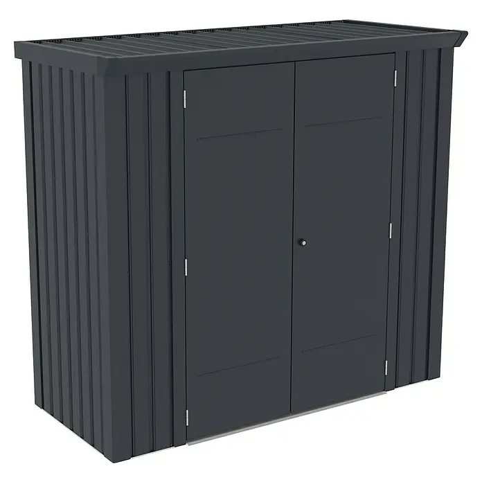 Plats Geräteschrank Paul XL - Außenmaß inkl. Dachüberstand (B x T): 197 x 94 cm, Stahl, Grau - Dunkelgrauer Metall-Geräteschuppen für den Außenbereich mit Doppeltüren und Wellblechdach.