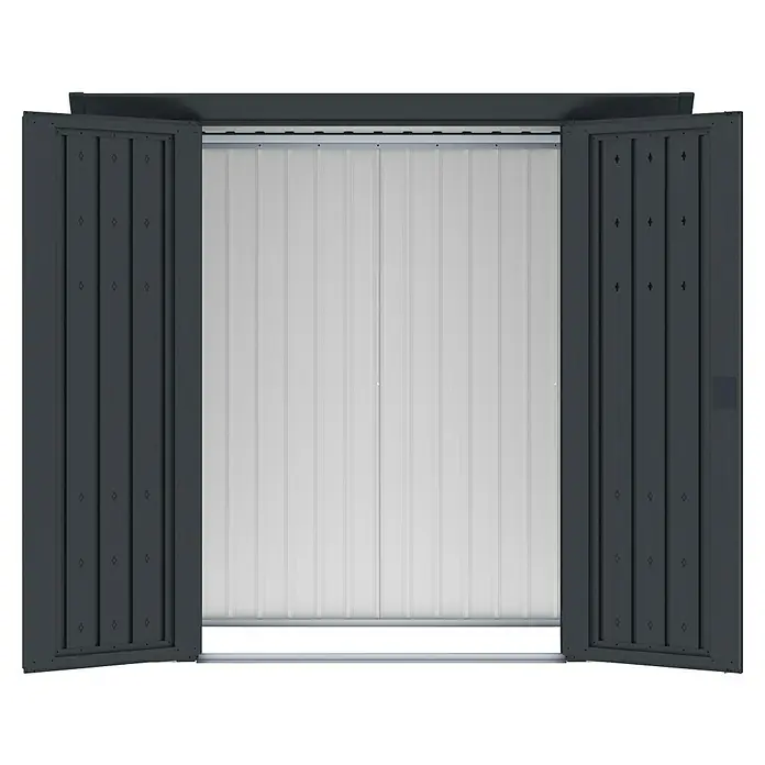 Plats Geräteschrank Paul XL - Außenmaß inkl. Dachüberstand (B x T): 197 x 94 cm, Stahl, Grau - Dunkelgrauer Metall-Geräteschuppen mit geöffneten strukturierten Türen, die helle Innenpaneele zeigen.