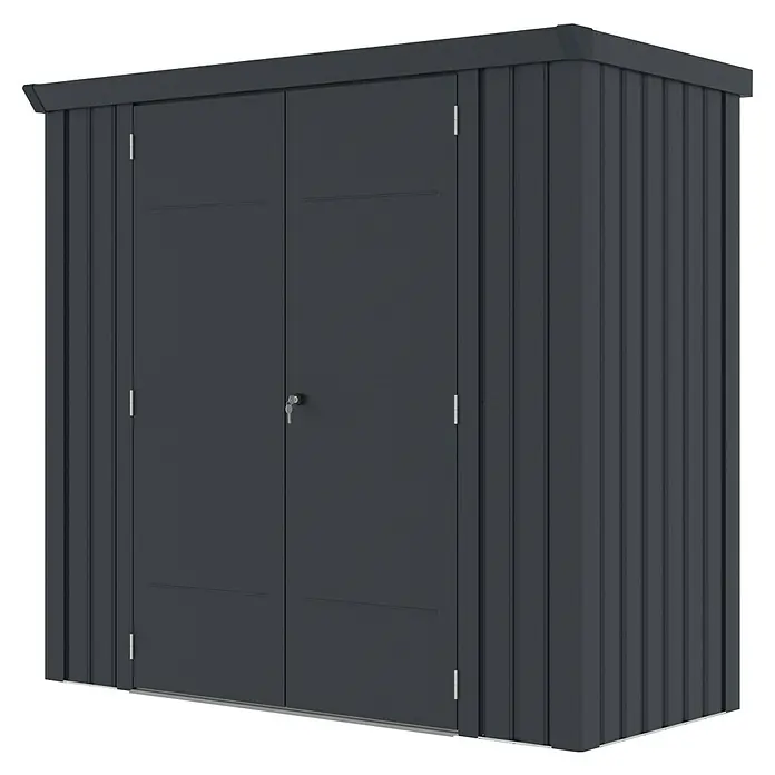 Plats Geräteschrank Paul XL - Außenmaß inkl. Dachüberstand (B x T): 197 x 94 cm, Stahl, Grau - Dunkelgrauer Metall-Gartenschuppen mit zwei Türen und Schloss zur Aufbewahrung im Freien.