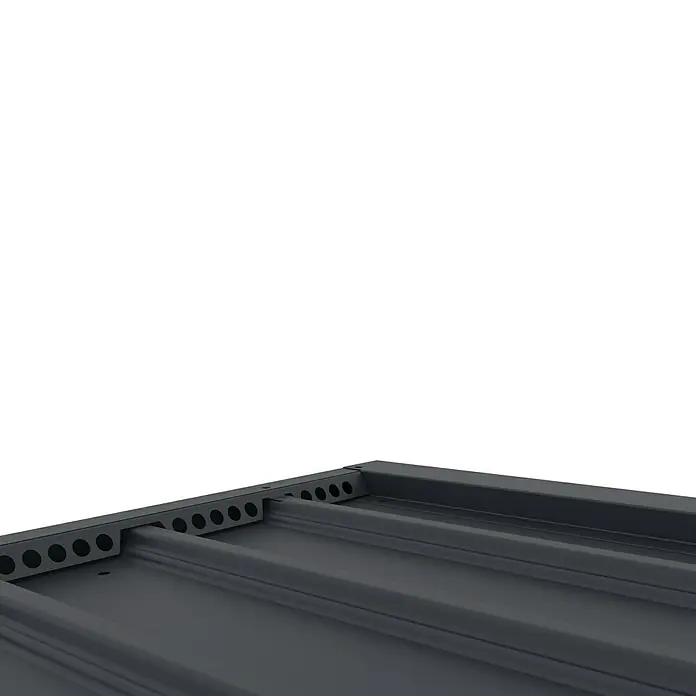 Plats Geräteschrank Paul XL - Außenmaß inkl. Dachüberstand (B x T): 197 x 94 cm, Stahl, Grau - Dunkelgraues Wellblech-Paneel mit perforierter Oberkante und geriffelter Oberfläche.