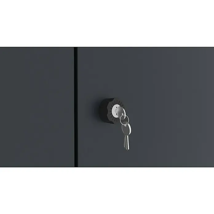 Plats Geräteschrank Paul XL - Außenmaß inkl. Dachüberstand (B x T): 197 x 94 cm, Stahl, Grau - Silberne Schlüssel in ein dunkelgraues Schloss an einer dunkelgrauen Oberfläche.