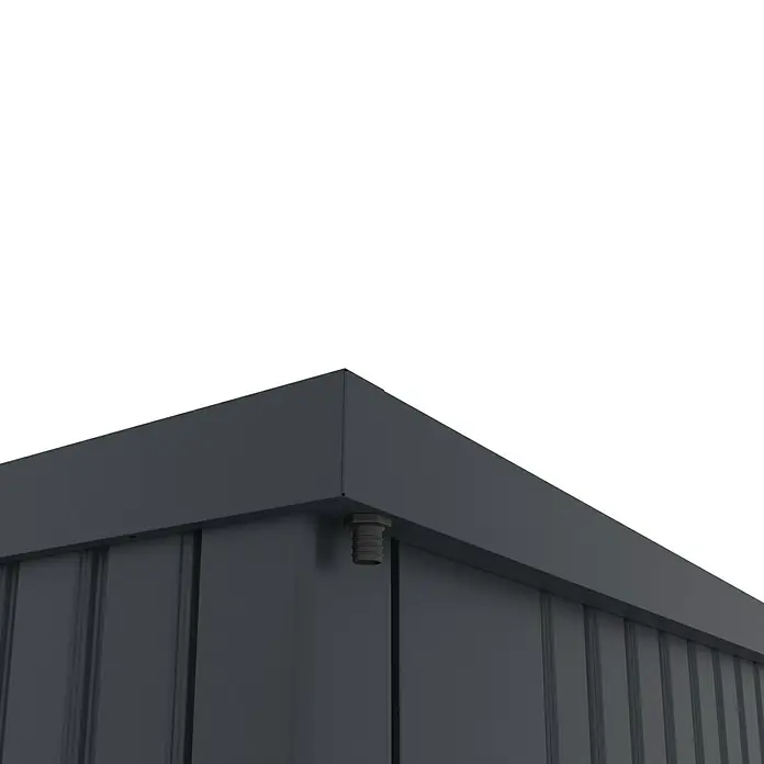 Plats Geräteschrank Paul XL - Außenmaß inkl. Dachüberstand (B x T): 197 x 94 cm, Stahl, Grau - Dunkelgraue Metallecke eines Gartenhauses mit gerippten Paneelen und schwarzem Abflussstutzen.
