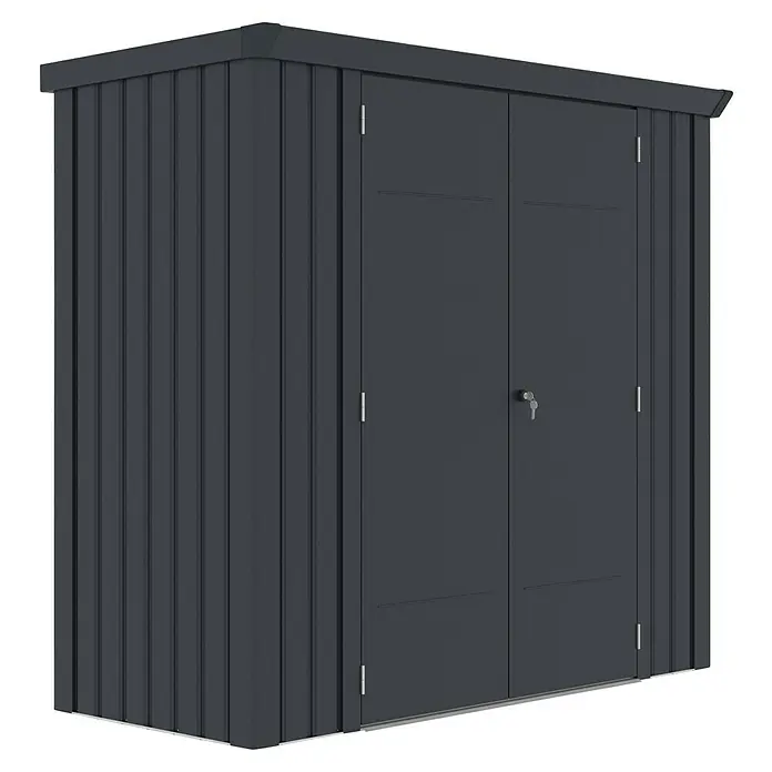 Plats Geräteschrank Paul XL - Außenmaß inkl. Dachüberstand (B x T): 197 x 94 cm, Stahl, Grau - Dunkelgraues Metallgerätehaus mit Doppeltüren und Schlüsselschloss.