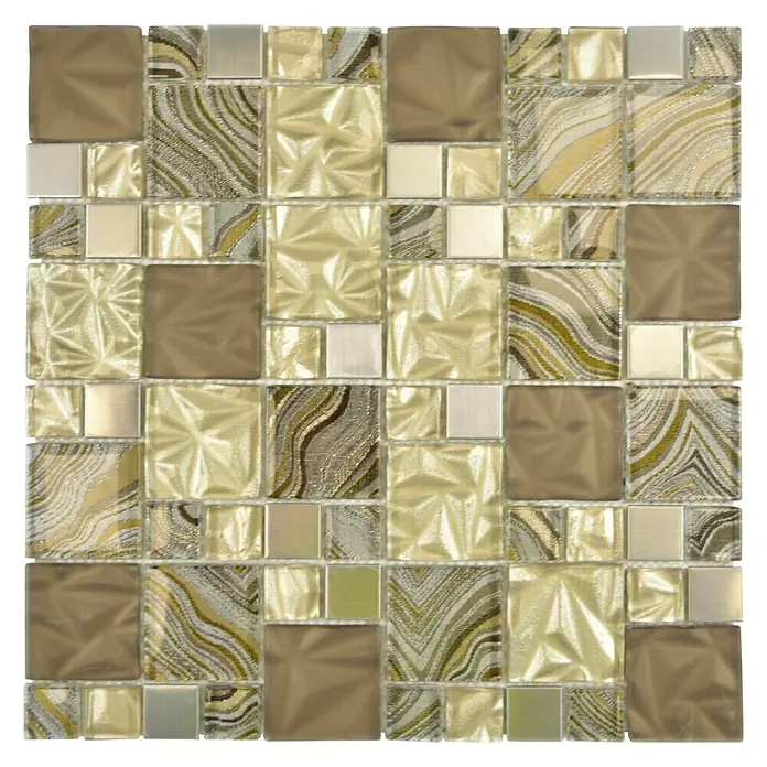 Mosaikfliese Crystal Mix XCM NIKO40 - 30 x 30 cm, Beige/Braun, Glänzend - Nahaufnahme eines Mosaikfliesenmusters mit quadratischen Fliesen in Beige-, Gold- und Brauntönen, ideal für Bad- oder Küchendekor.