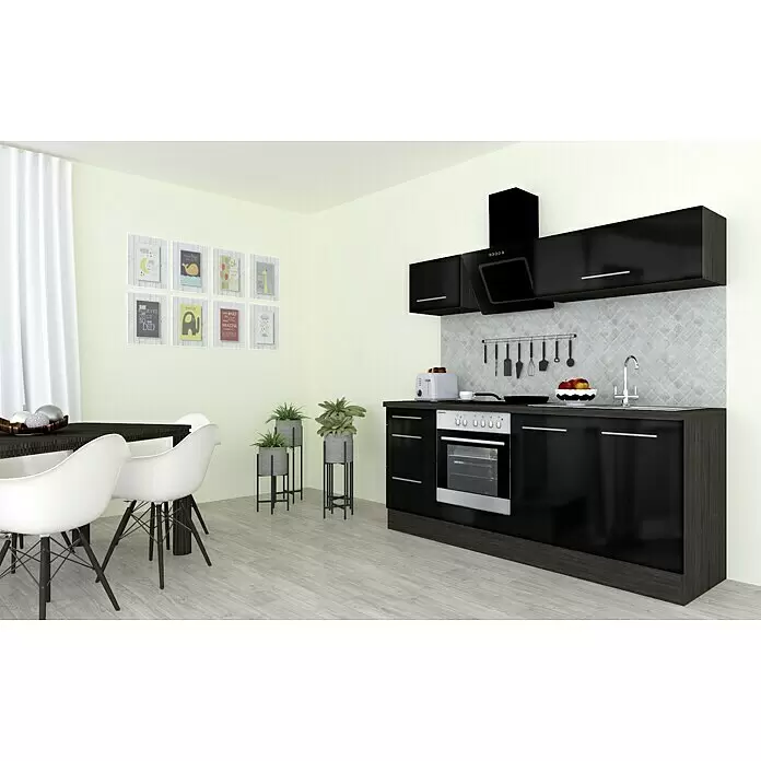 Respekta Premium Composición de cocina Amanda - Ancho: 210 cm, Negro, Con electrodomésticos - Moderno conjunto de muebles de cocina negros con horno integrado, fregadero y salpicadero de azulejos en cocina clara.