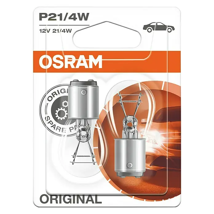 Osram Schluss-& Nebelschlussleuchte - P21/4W, 2 Stk. - Nahaufnahme einer P21/4W Osram Original-Glühbirne für Autos, verpackt und bereit für den Einbau als Ersatzteil.